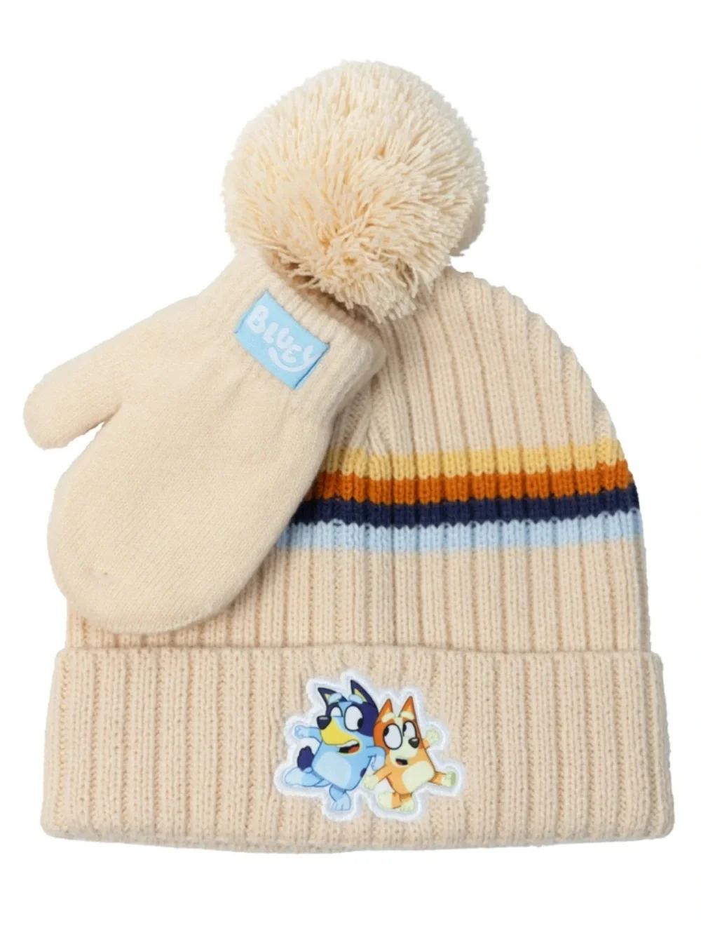 Cream Pom Beanie and Mittens Set for Kids